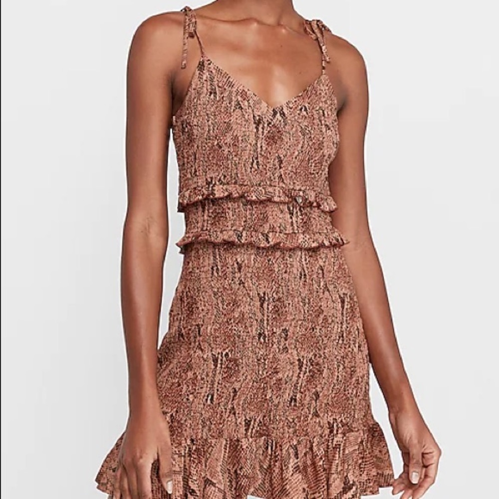 Animal print smocked tie sleeve ruffle dress